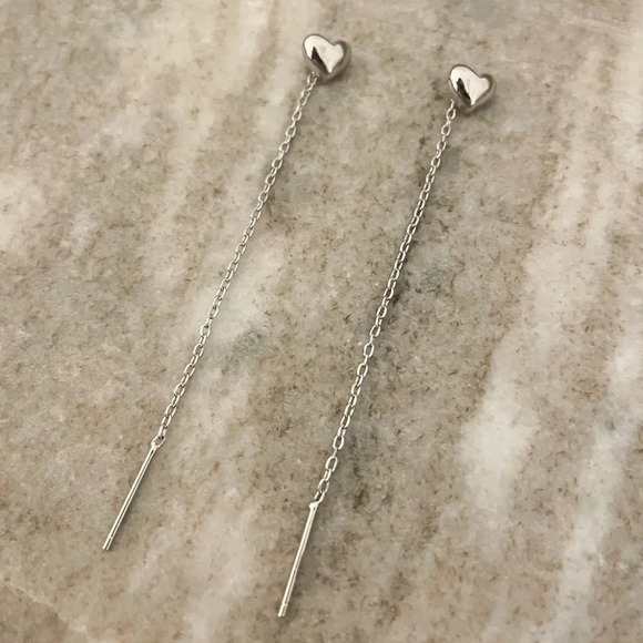 925 Sterling Silver Heart Threader Earrings Dainty Minimalist Threaders - Picture 3 of 6